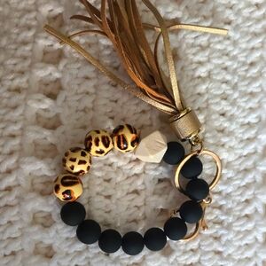 Leopard Print and Black Beaded Keychain Bracelet